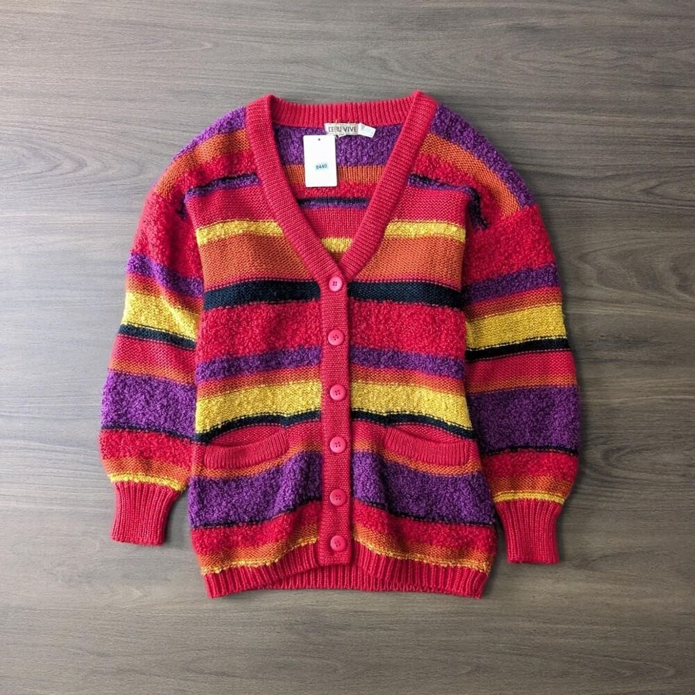 Vintage Fuzzy Mohair Striped Cardigan Sweater Leru Vive Size Small Colorful